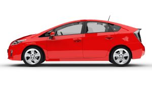 Modern family hybrid car red on a white background with a shadow on the ground 3d rendering